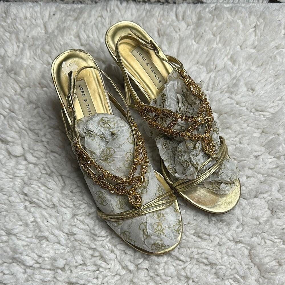 Lord & Taylor Gold Women's Heels Strapy Sandals Bling Sparkle Pumps Leather
